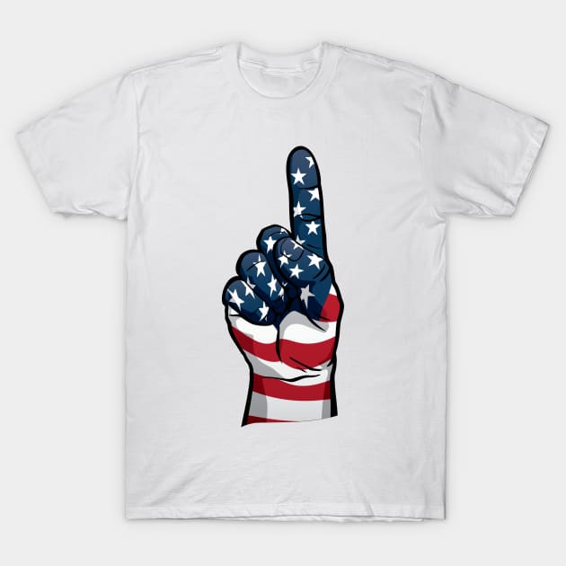 USA One Patriotic Hand in Red, White and Blue Stars and Stripes T-Shirt by hobrath